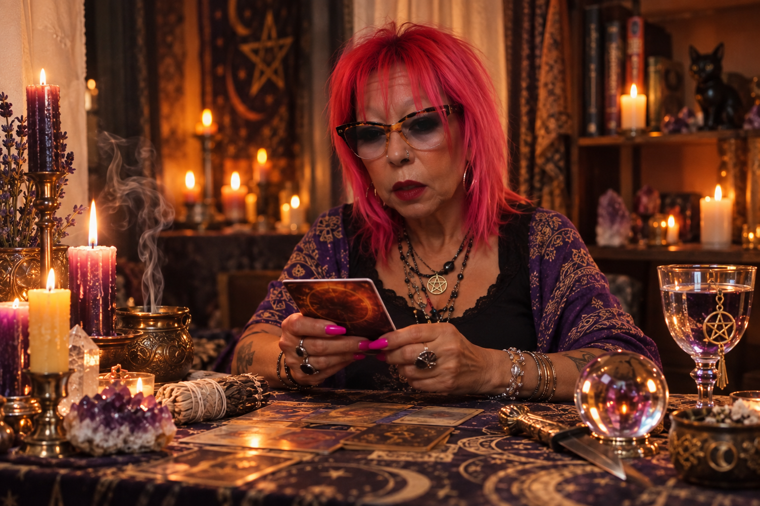 Lucía Pitonisa Hechicera en su mesa de tarot con velas y oráculos