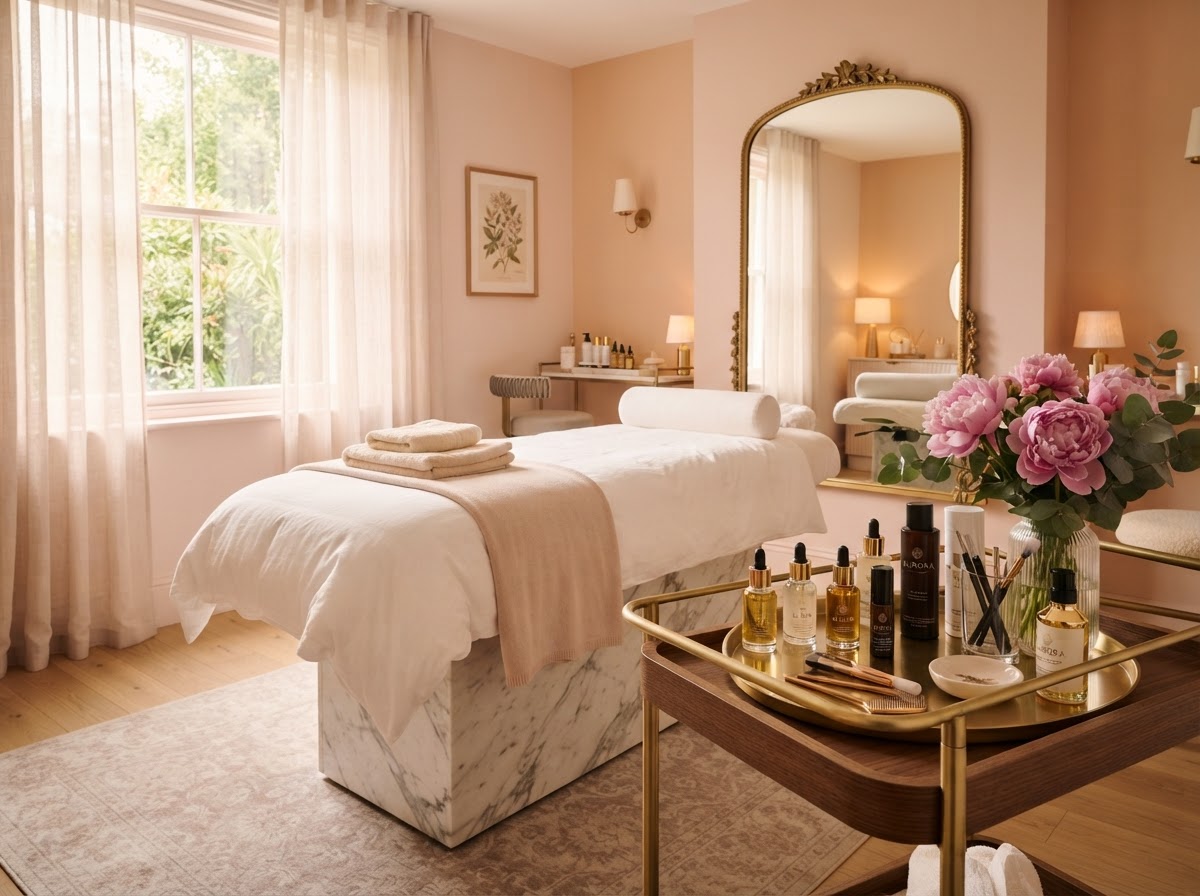 ILLAF Beauty Bar premium treatment room in warm ivory and gold tones