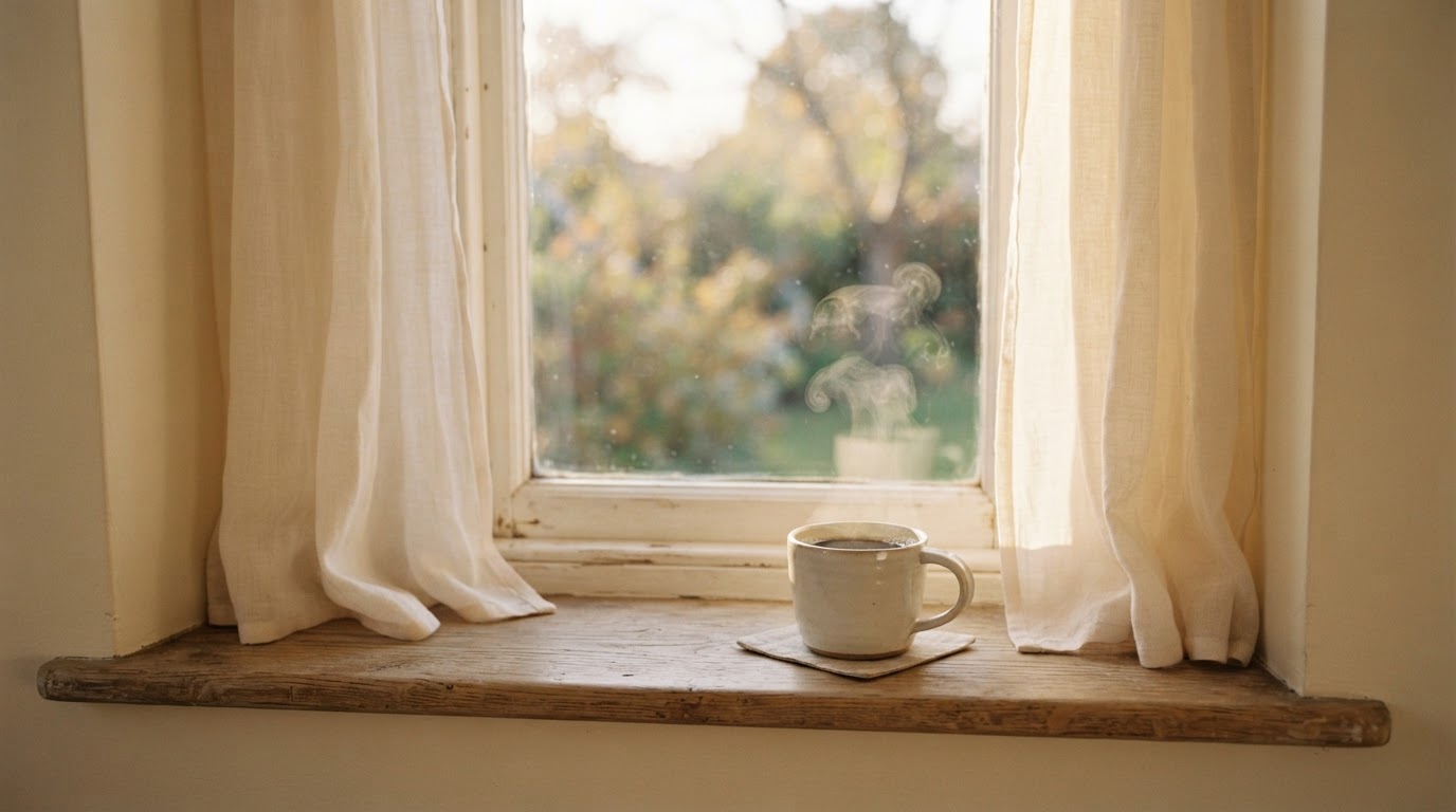 Luz de la mañana entrando por una ventana junto a una taza de café