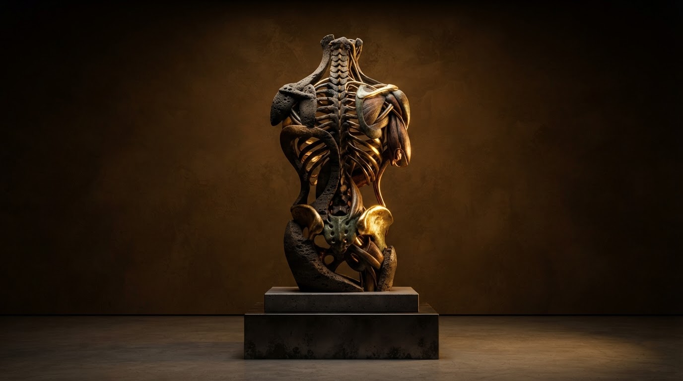 Escultura anatómica iluminada en dorado