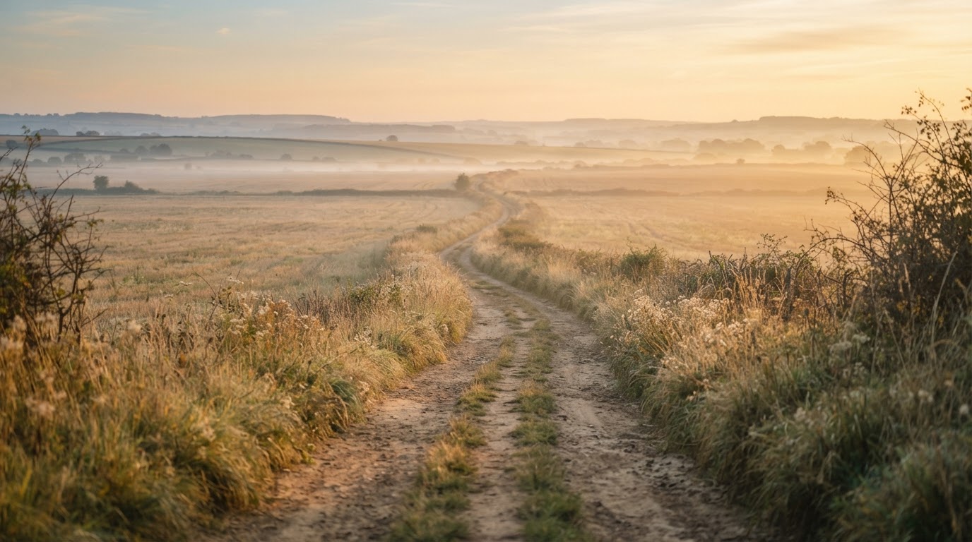 Camino al aire libre al amanecer con luz dorada