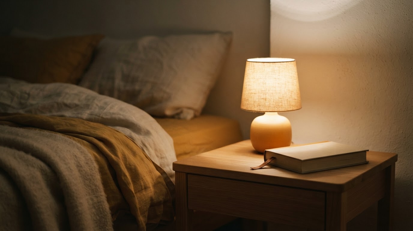 Lámpara de luz cálida y tenue en una mesita de noche