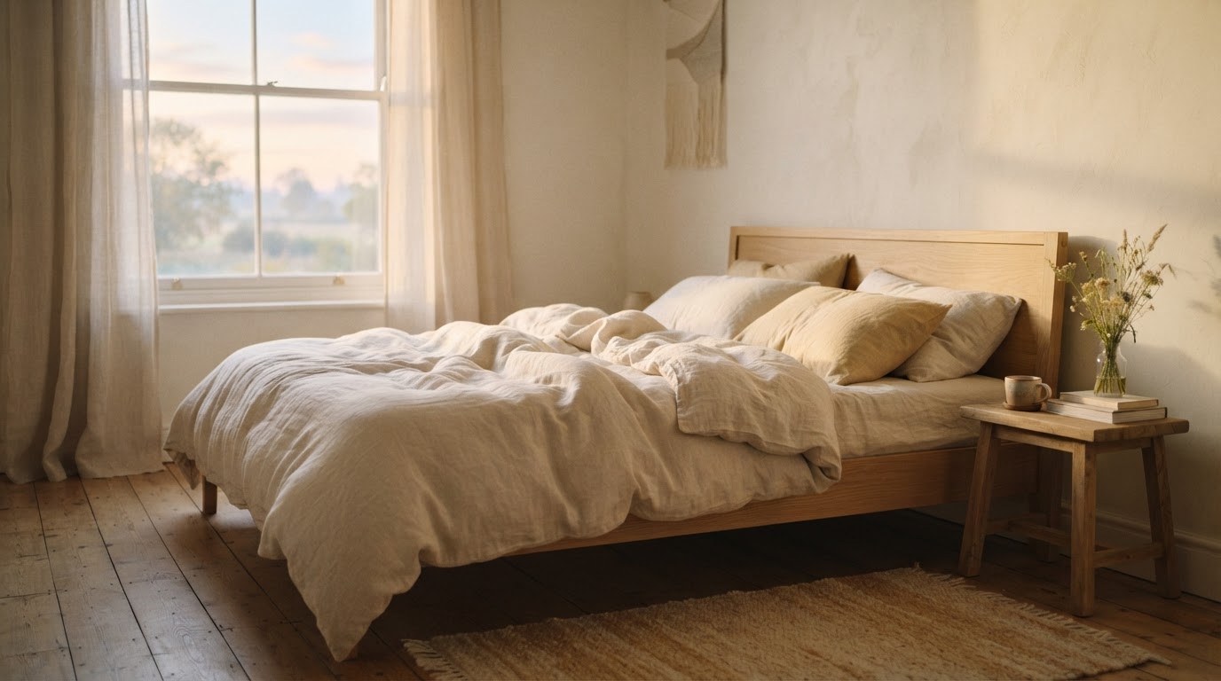 Cama con sábanas claras en un dormitorio tranquilo al amanecer