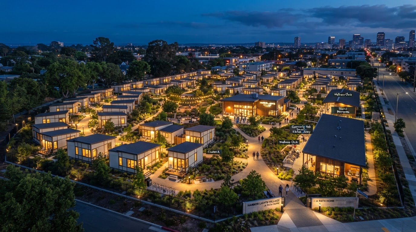 Aerial view of an organized outdoor micro-community of modular microshelters at dusk