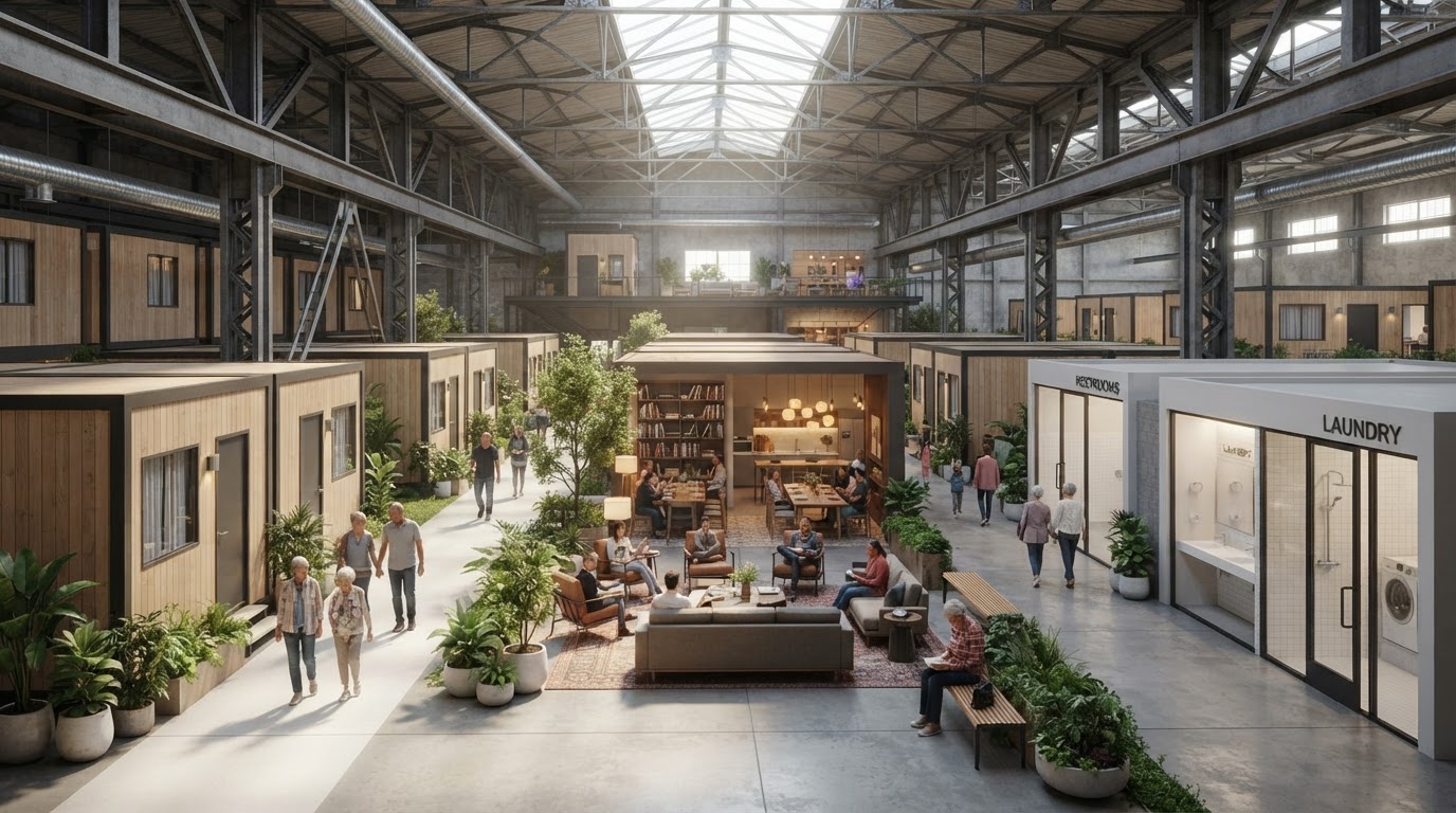 Indoor micro-community inside a converted warehouse with private units and wide walkways