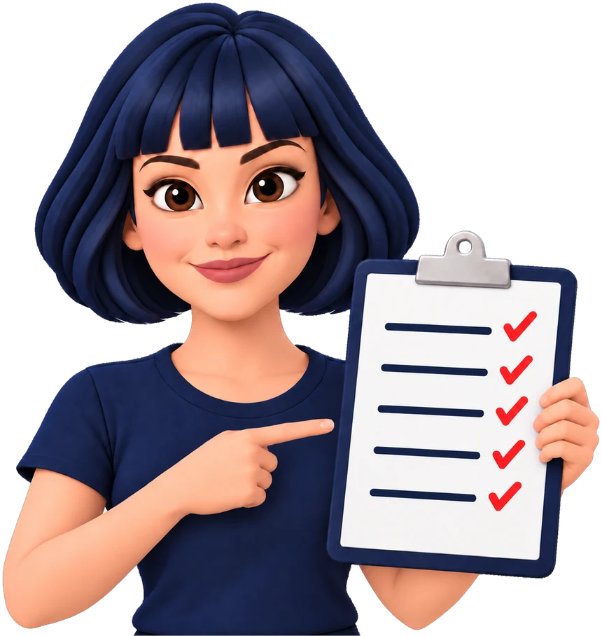Ellie pointing at a five-item checklist