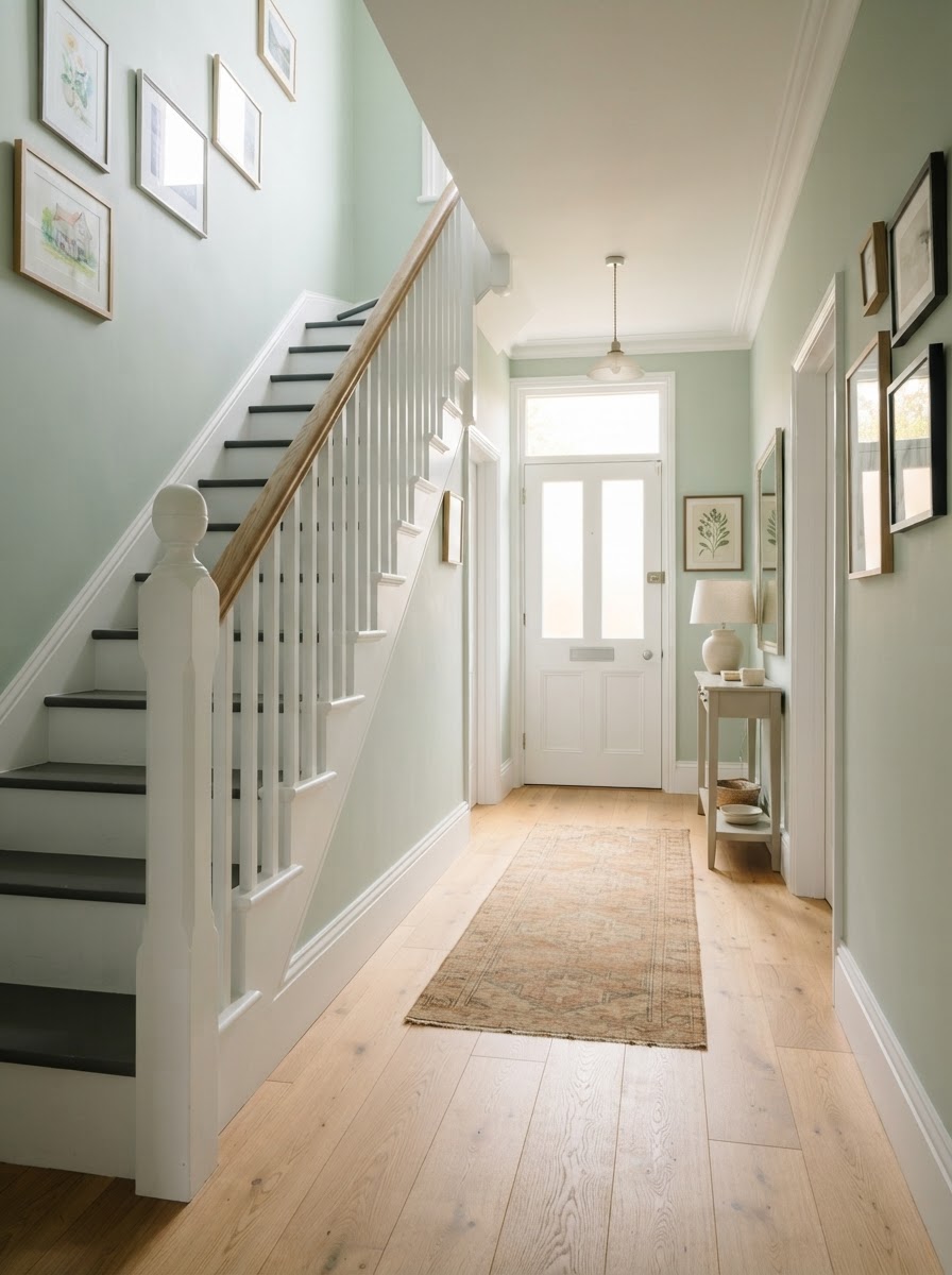 Freshly painted hallway with crisp white woodwork in a family home