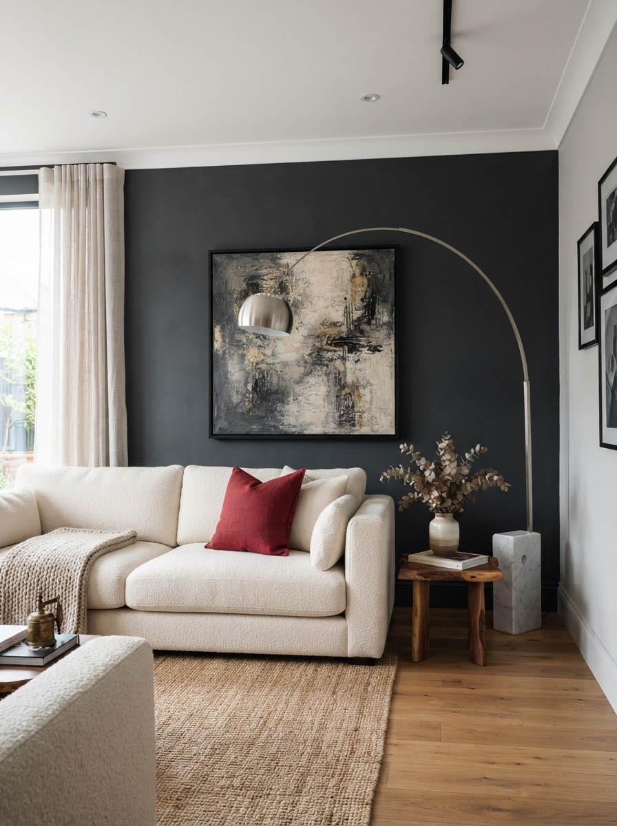 Freshly painted charcoal feature wall with crisp cut-in edges