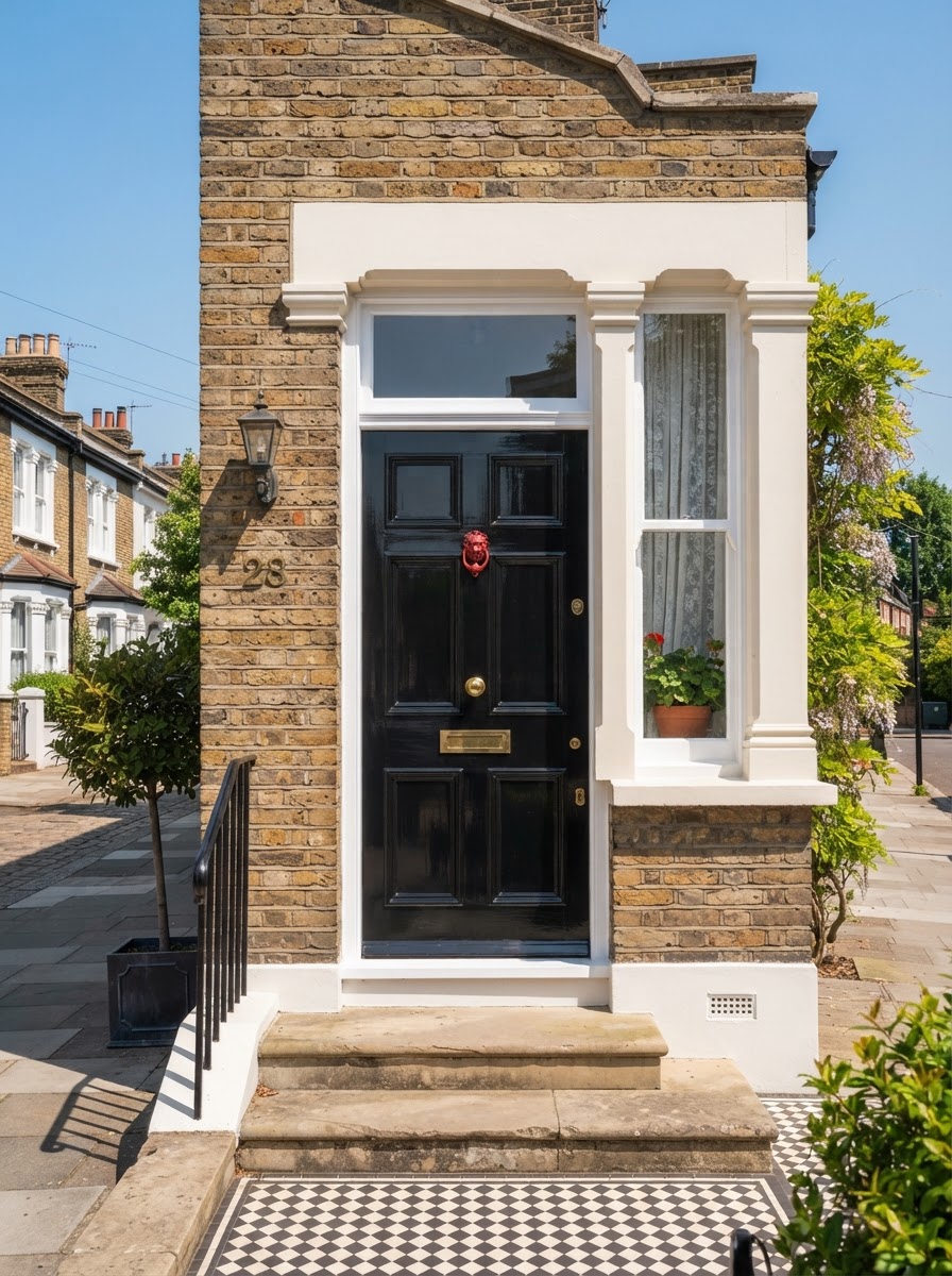 Illustrative image of a painted exterior with a glossy black front door