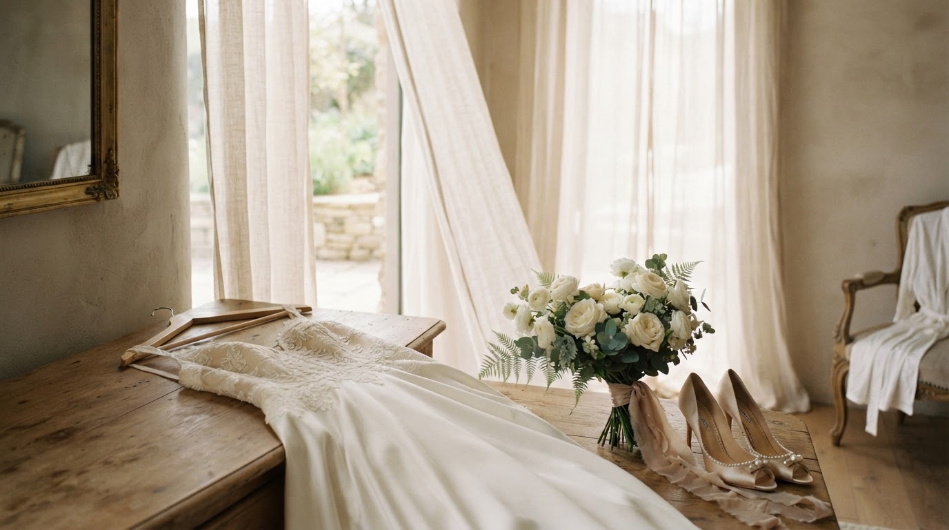 Atmosfera editorial de um casamento — luz natural e tecidos delicados