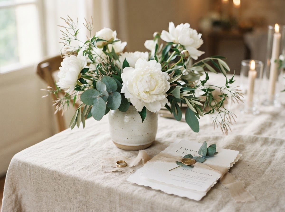 Detalhe editorial — flores e tecidos em luz natural