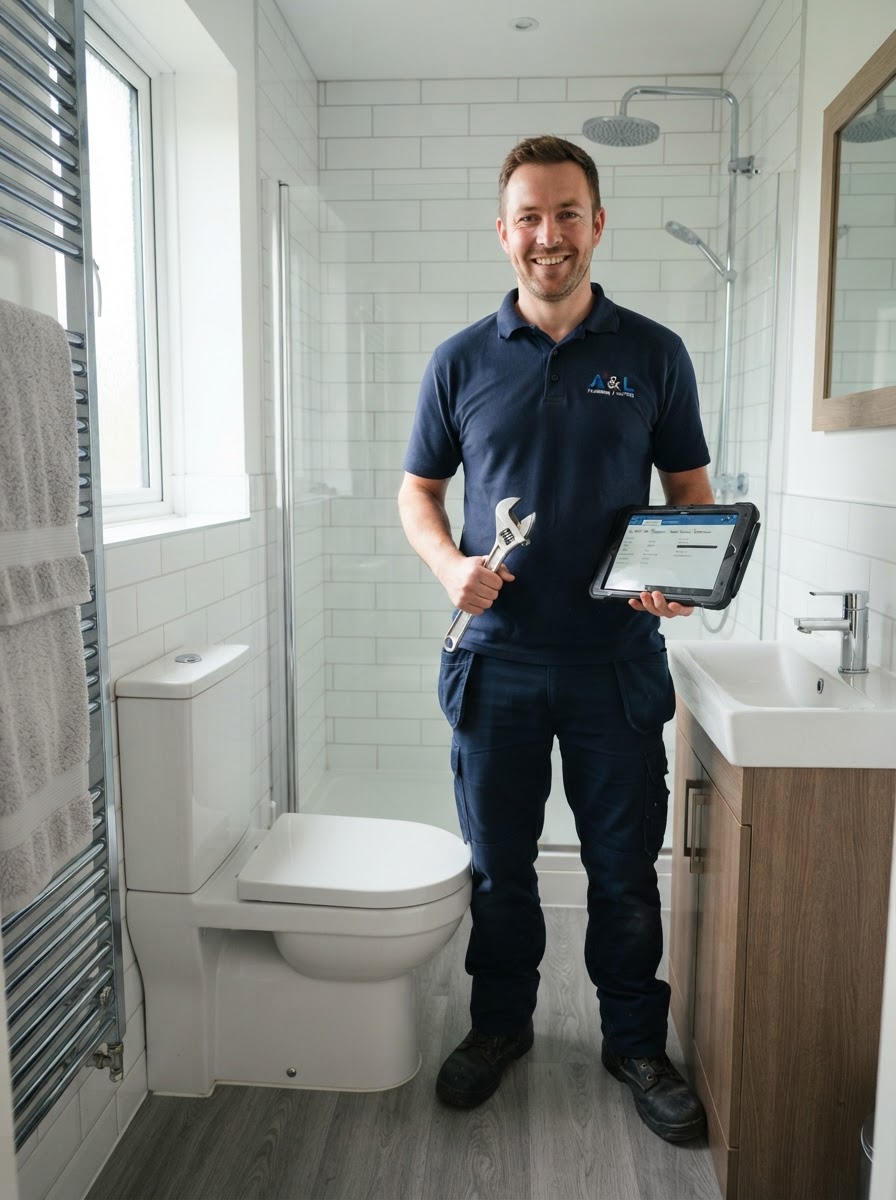 Friendly local plumber standing in a British bathroom, ready to help with plumbing repairs in Shrewsbury