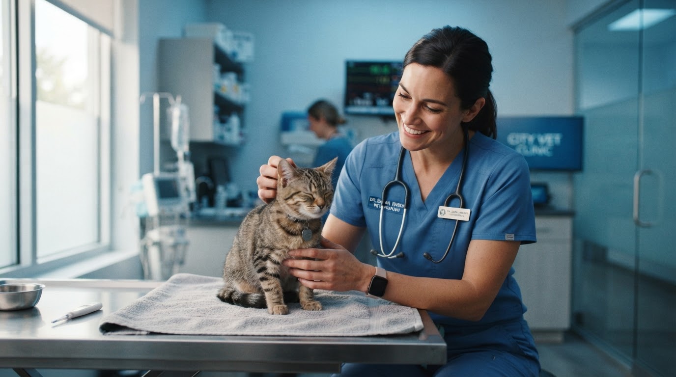 Veterinario cuidando a un gato con cariño