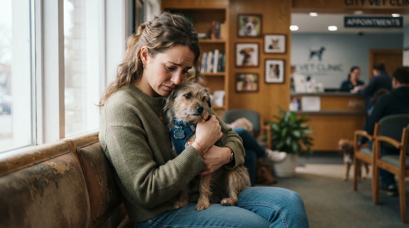 Tutor esperando con su mascota en la recepción de la clínica