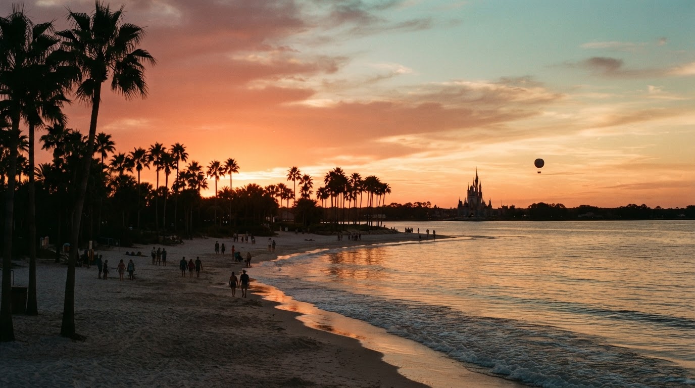 Florida sunset over palm trees with a distant theme-park castle