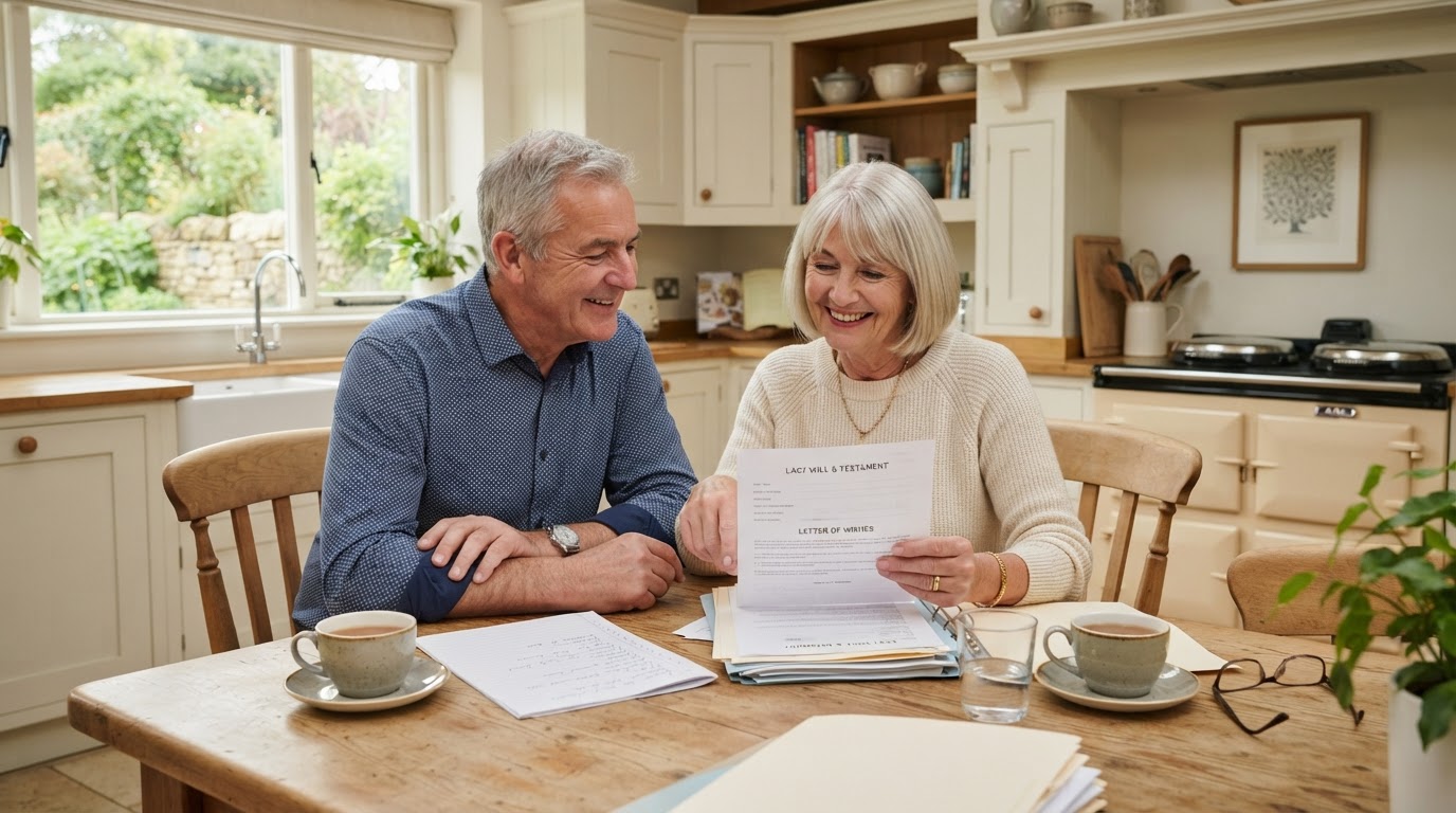 A British couple reviewing their estate plans with clarity and reassurance