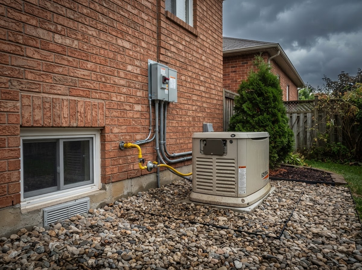 Standby backup generator installed beside a brick house — storm-ready reliability