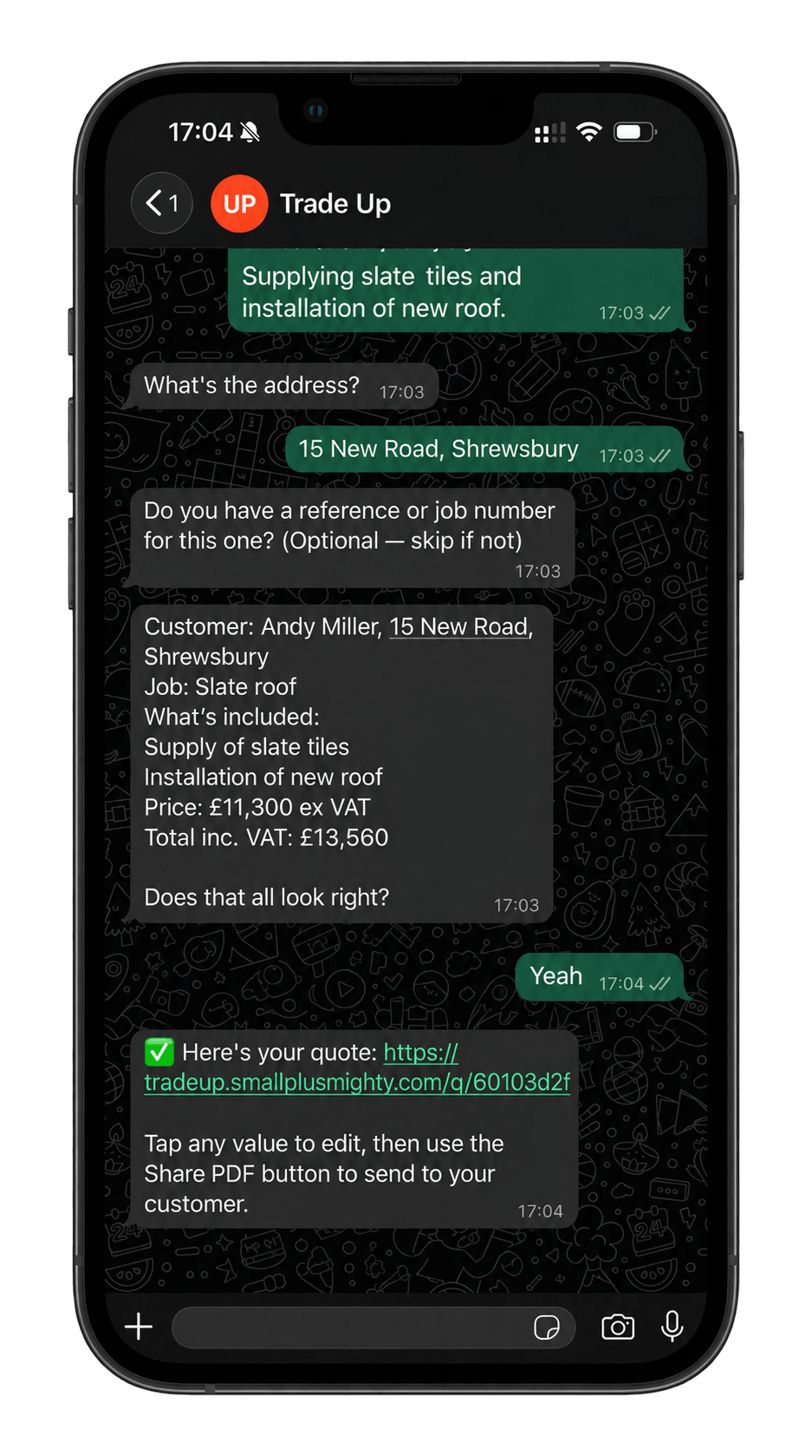 Preview of the Trade Up WhatsApp Quoting Assistant on a phone screen