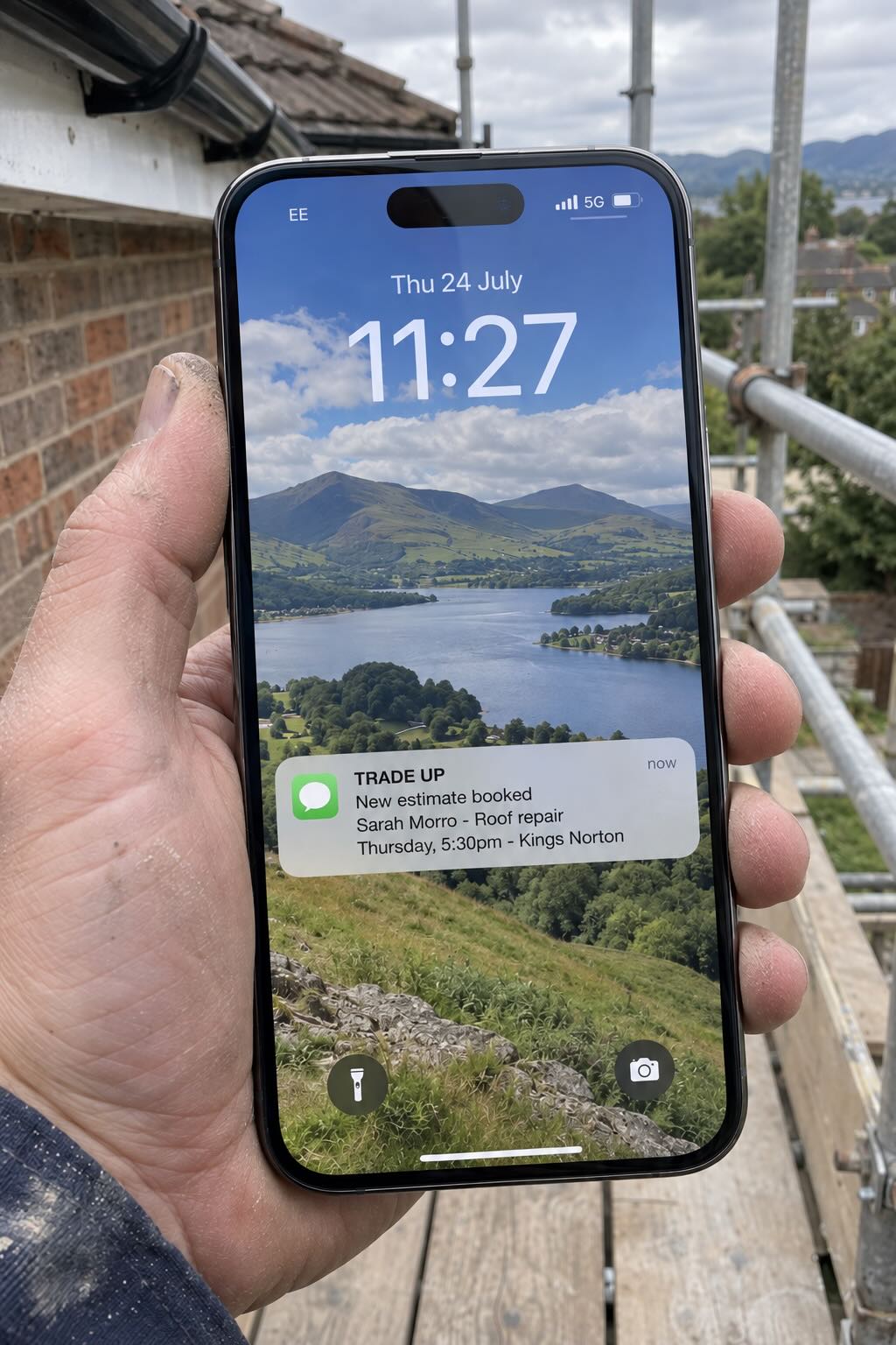 Roofer on a job receiving a Trade Up notification for a newly booked estimate