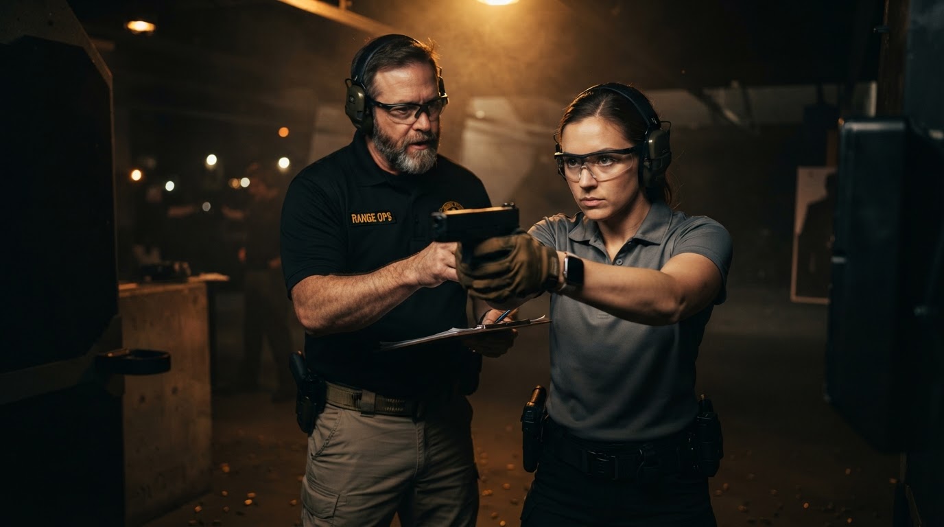USCCA firearms instructor teaching a student at an indoor range