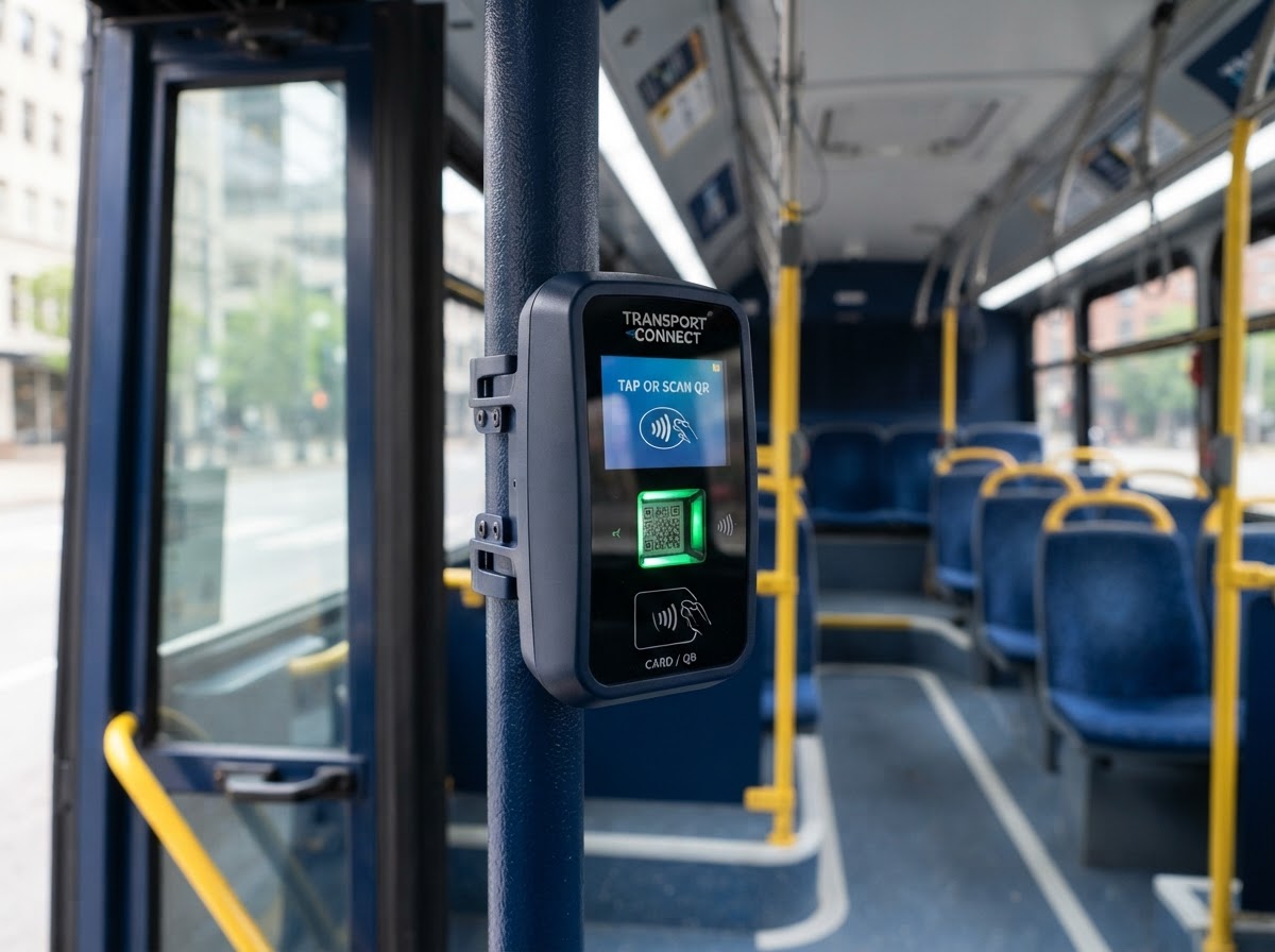 Validador de tarjeta y QR instalado en transporte público
