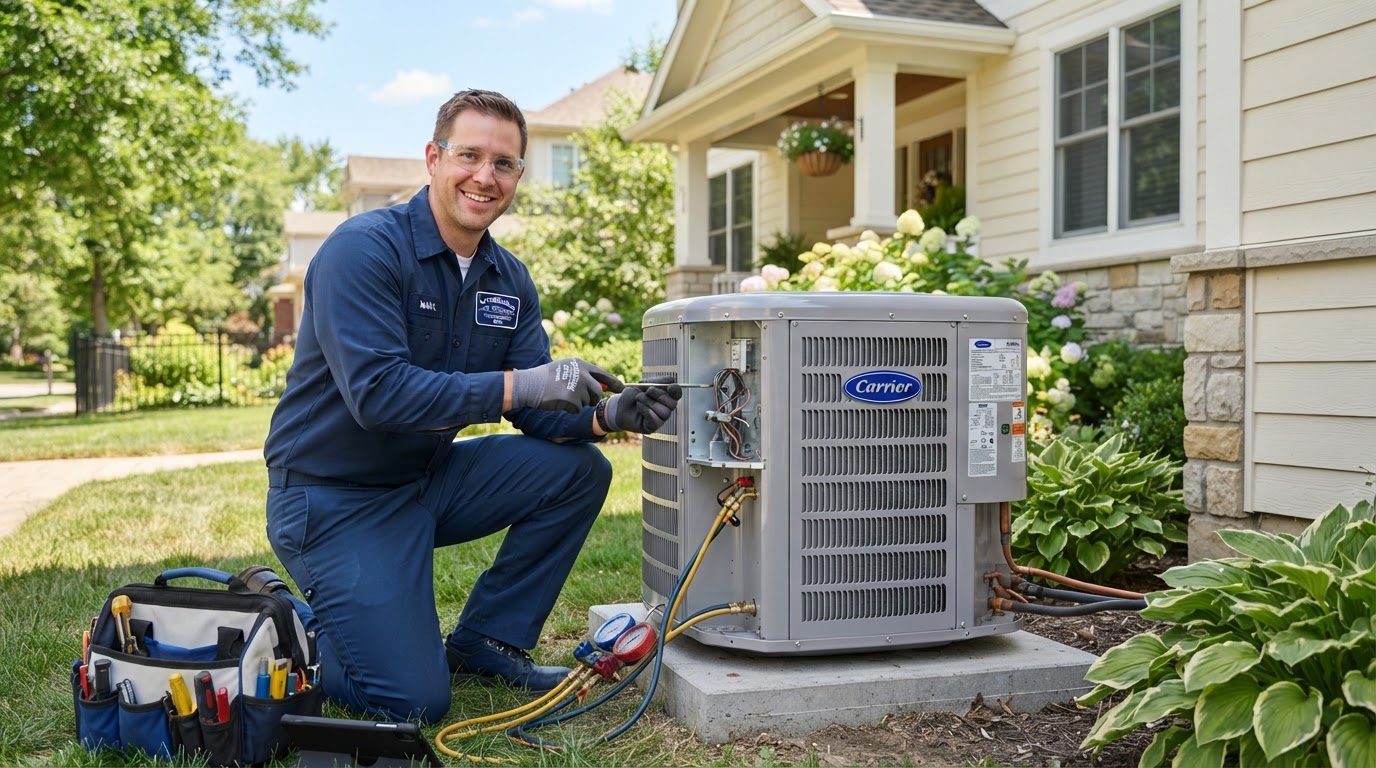 BlueHippo HVAC technician servicing a home air conditioning unit