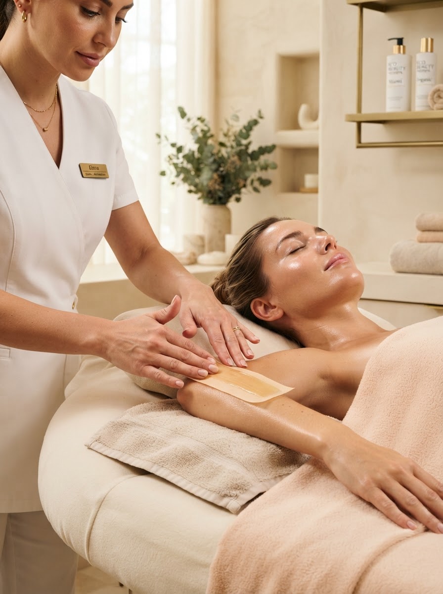 Expert aesthetician performing a gentle painless waxing and skincare treatment