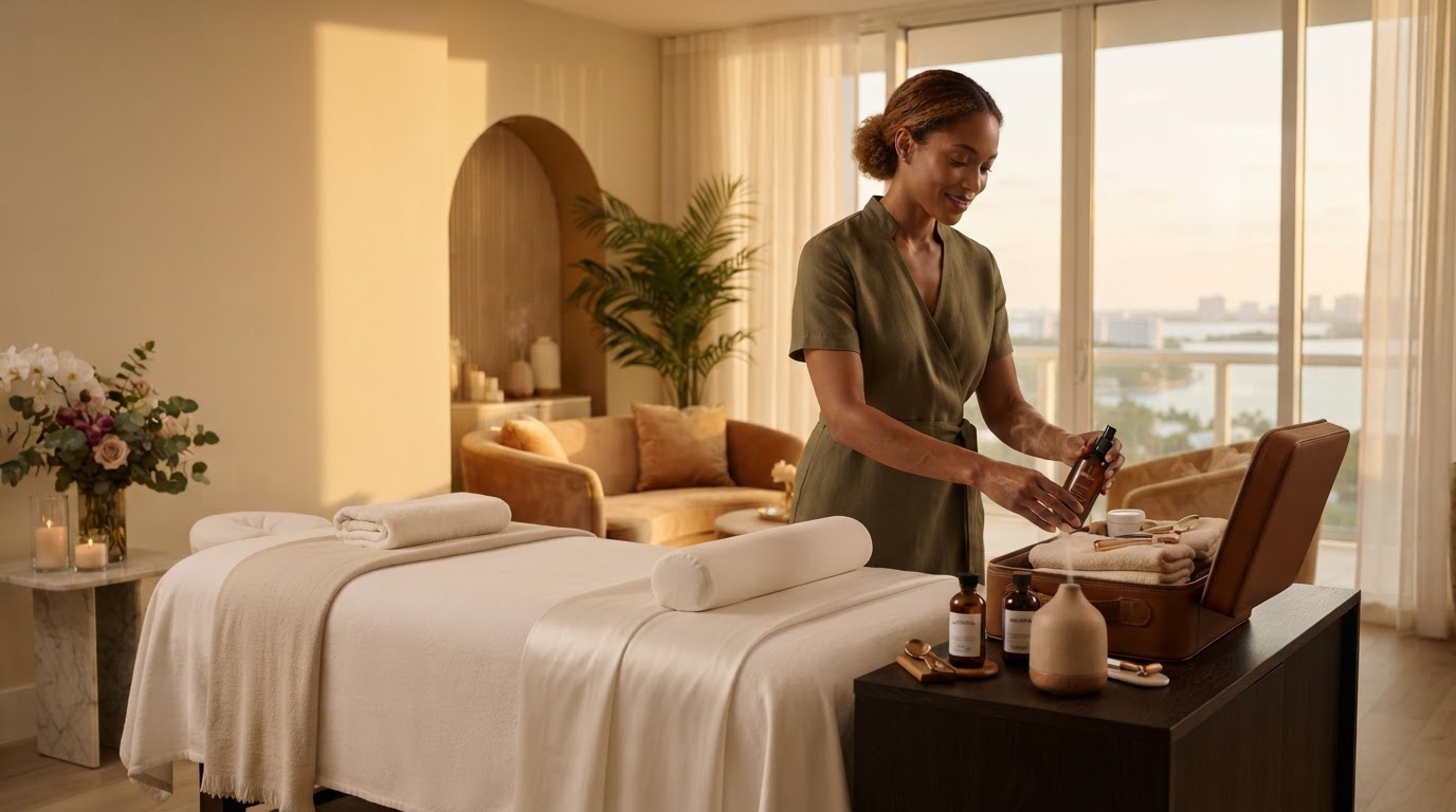 Luxury mobile spa closing visual — aesthetician setting up an in-home treatment