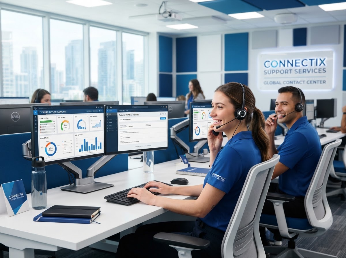 Customer support contact center representatives wearing headsets