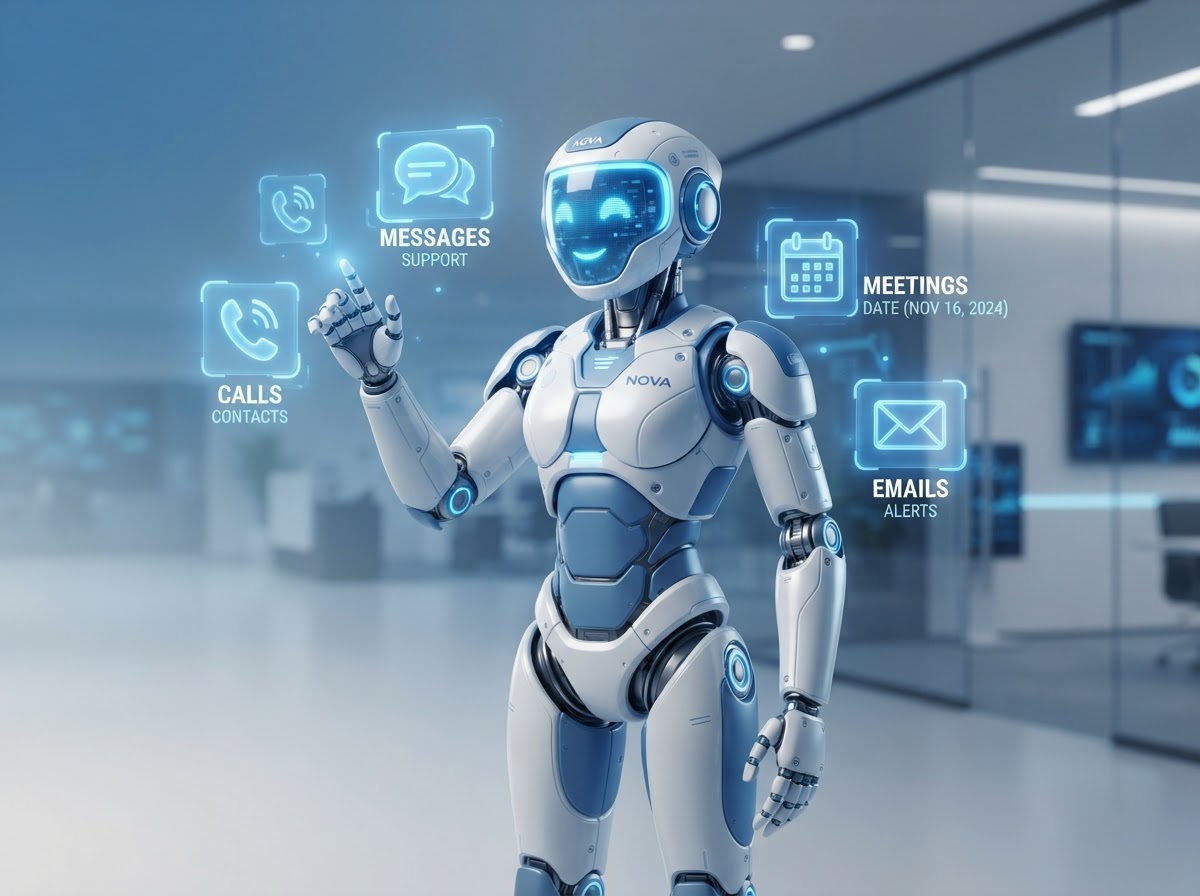 Friendly AI business automation robot assistant with floating technology icons