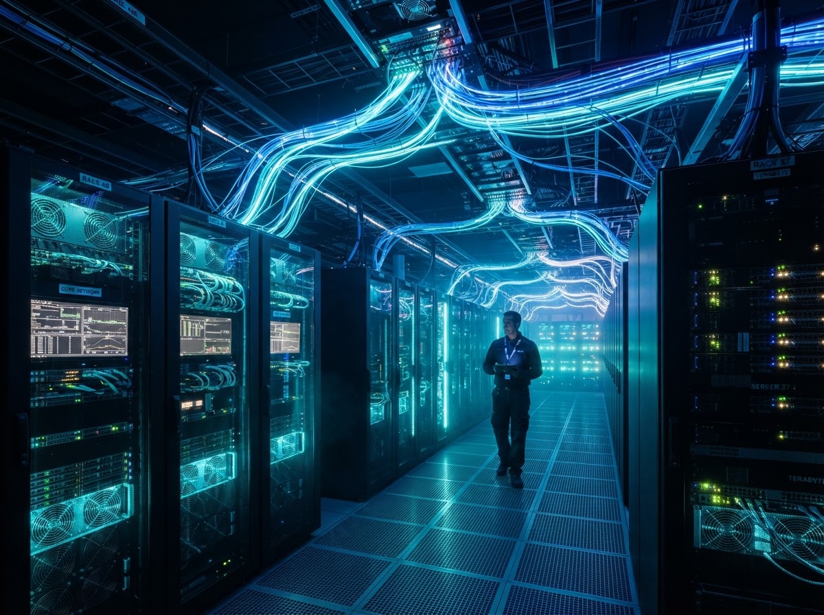 High-speed fiber-optic telecommunications cable with glowing blue light streams