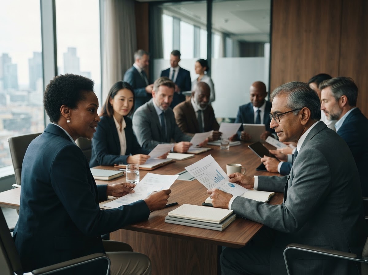 Board members reviewing governance documents around a conference table