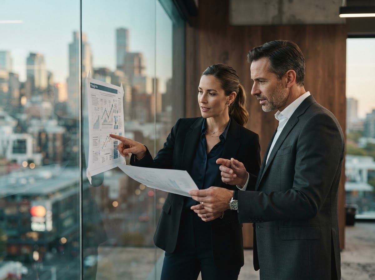 Two strategists reviewing a strategic plan at a glass wall