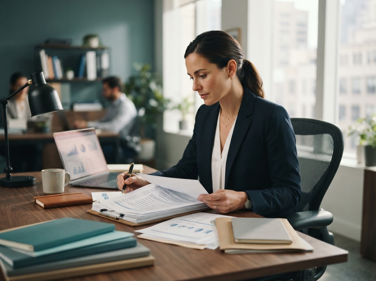 Compliance officer reviewing corporate filing documents at a desk