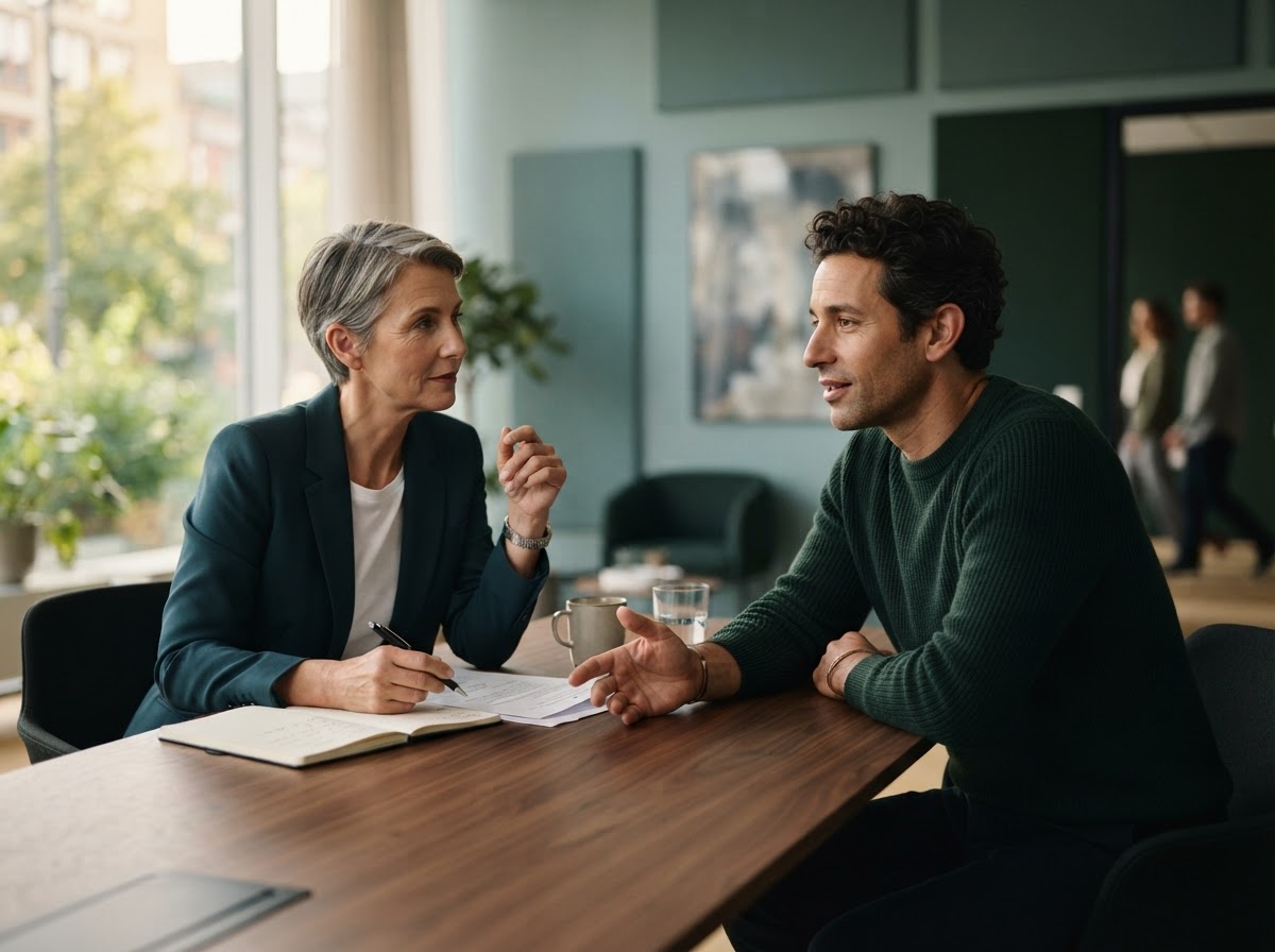 Business advisor consulting with a client across a conference table