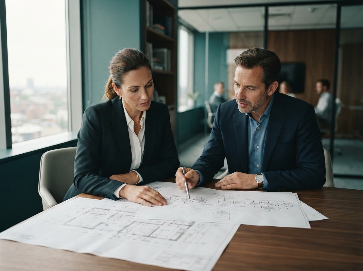 Consultants reviewing organizational structure diagrams on a table