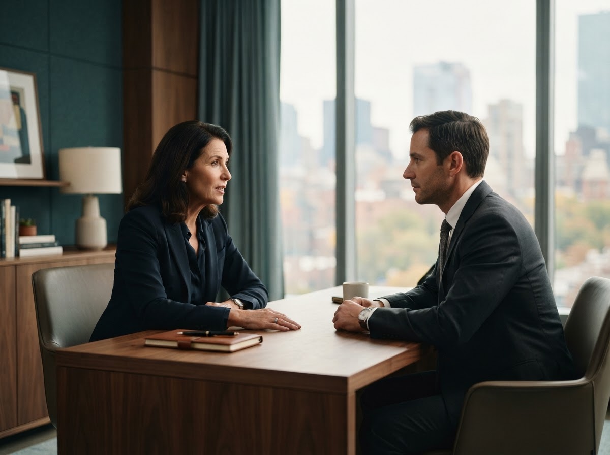 Executive advisor speaking privately with a business principal