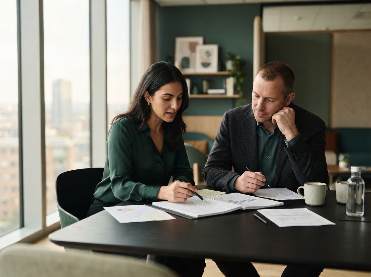 Business professionals reviewing strategy in a modern office