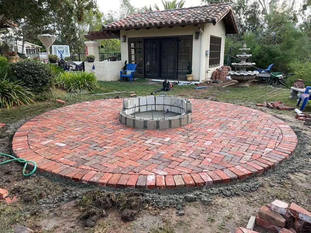 Herringbone Brick Patio Circle with Center Fire Pit