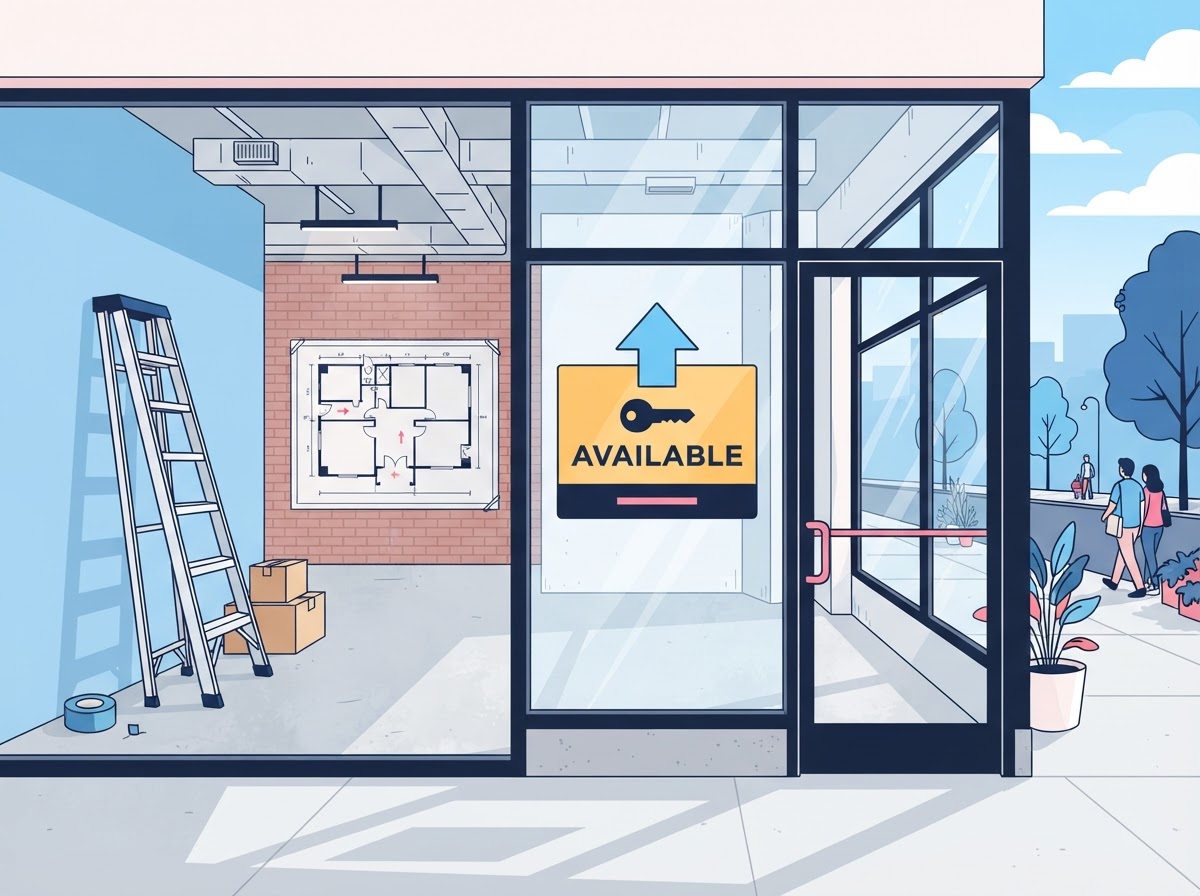 Illustration of a neighborhood retail strip center with storefront bays, awnings and a pad-site building