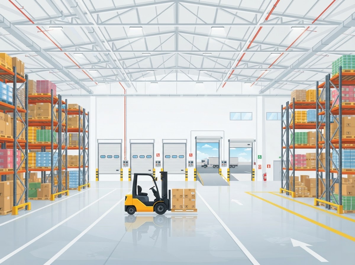 Illustration of a warehouse interior with dock doors, loaded pallet racking and a forklift