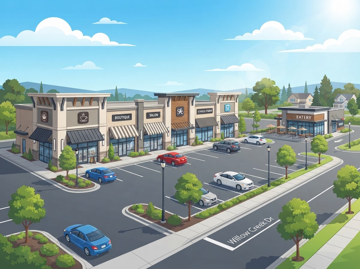 Illustration of a neighborhood retail strip center with storefront bays, awnings and a pad-site building
