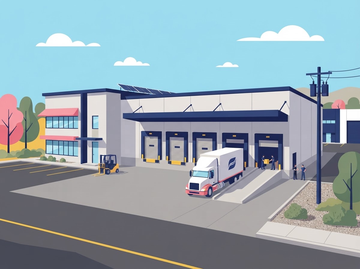 Illustration of a warehouse interior with dock doors, loaded pallet racking and a forklift