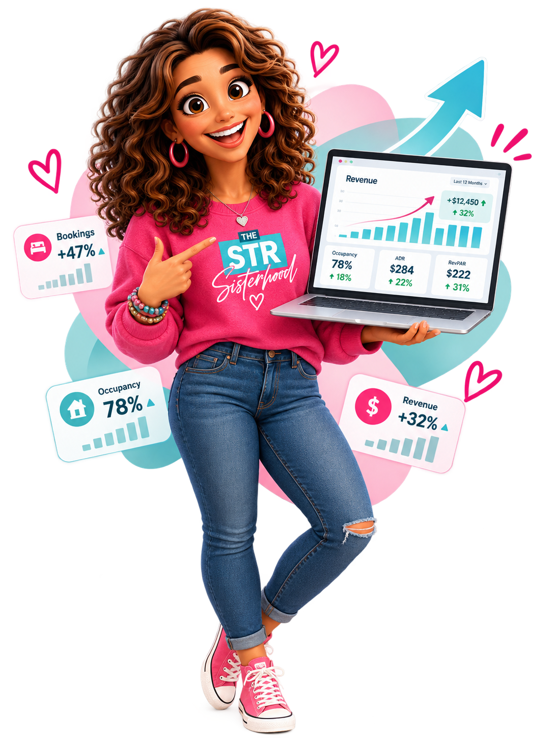 Liv, Stacey's illustrated brand character, reviewing her revenue dashboard