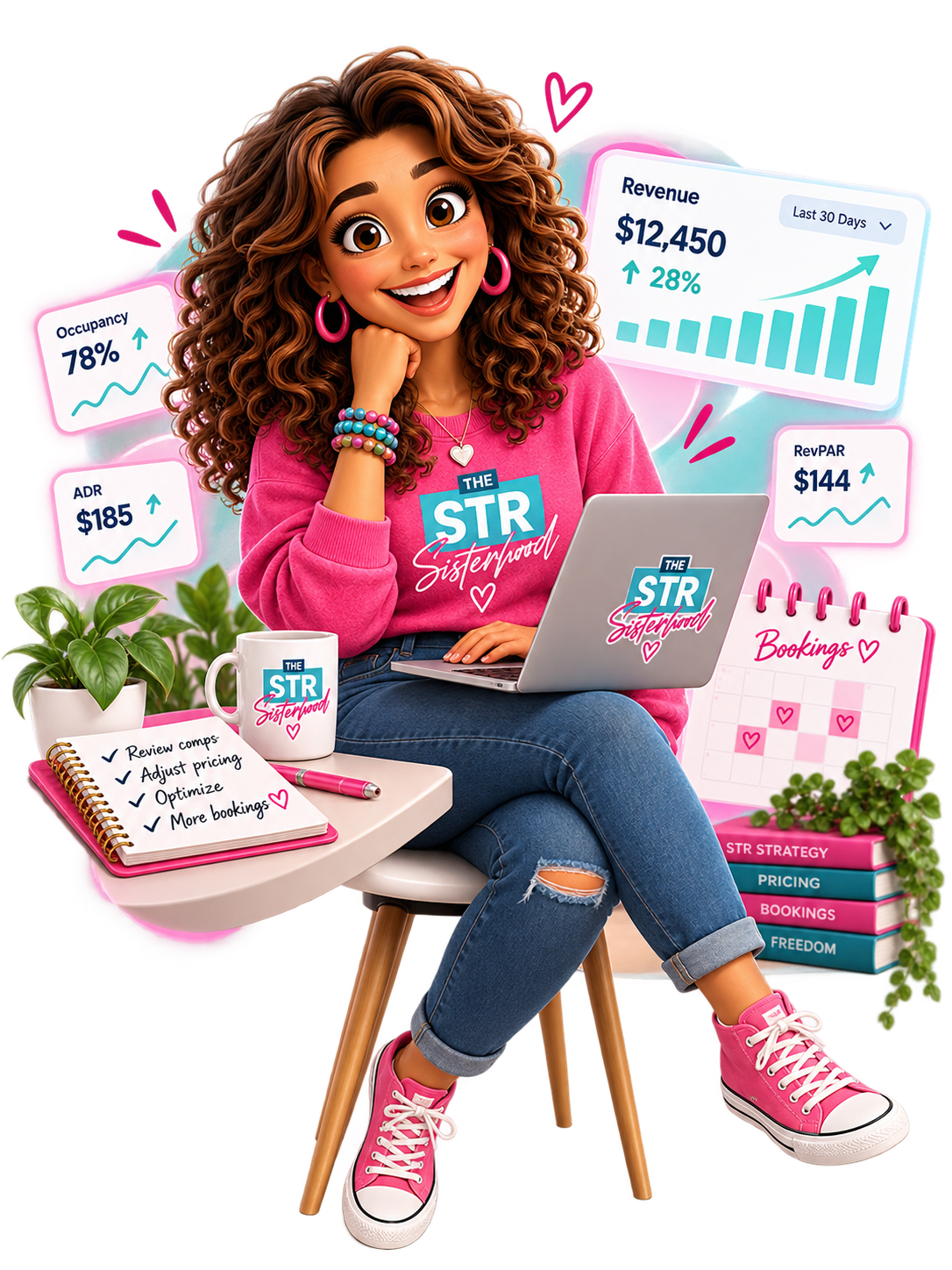 Liv, STR Sisterhood character at her desk with revenue metrics, calendar, and laptop