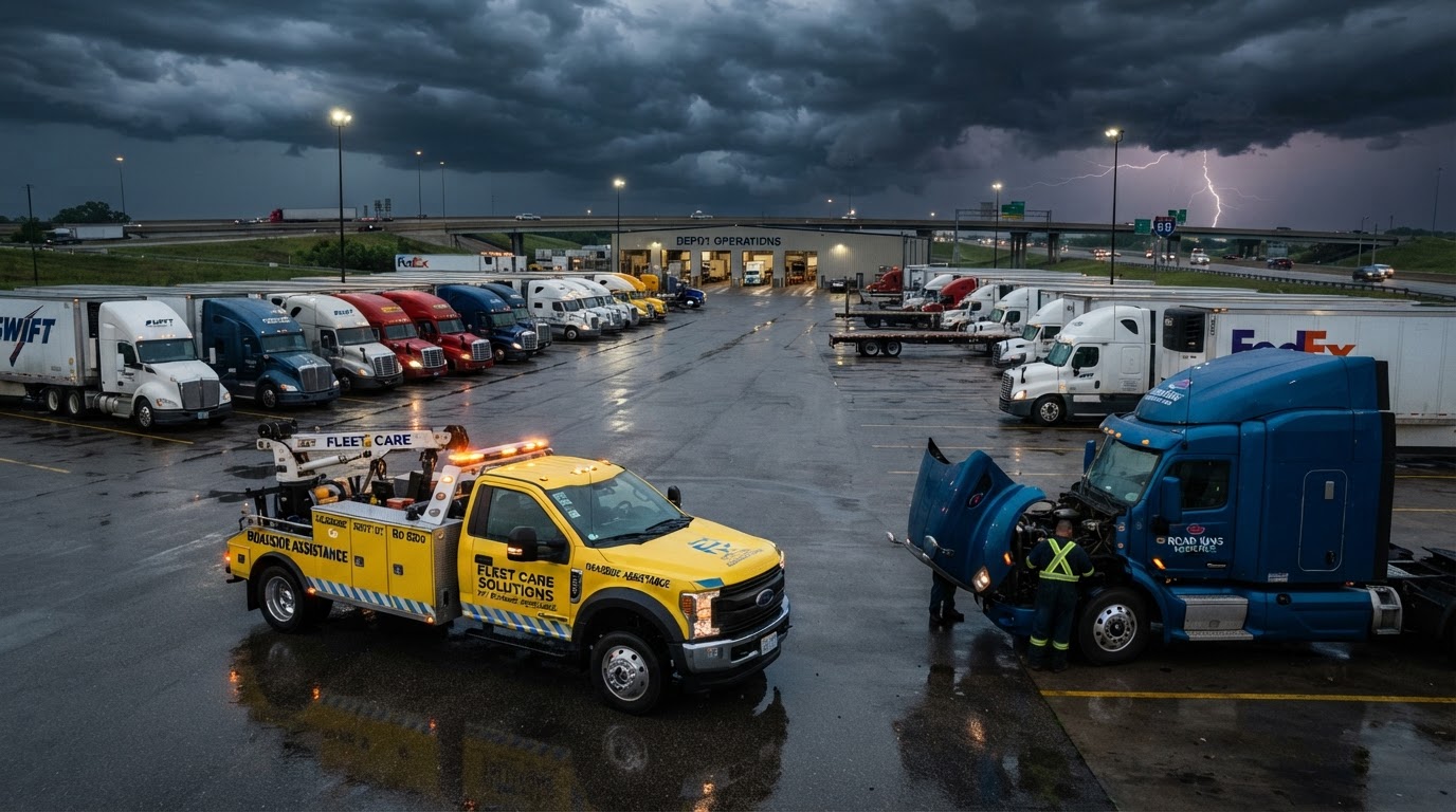 Commercial semi trucks and roadside assistance service truck