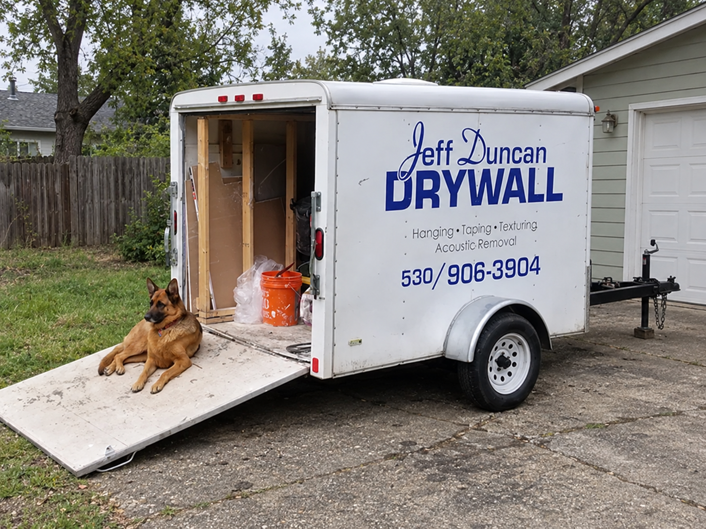 Jeff Duncan Drywall trailer open at a job site in the Sierra foothills