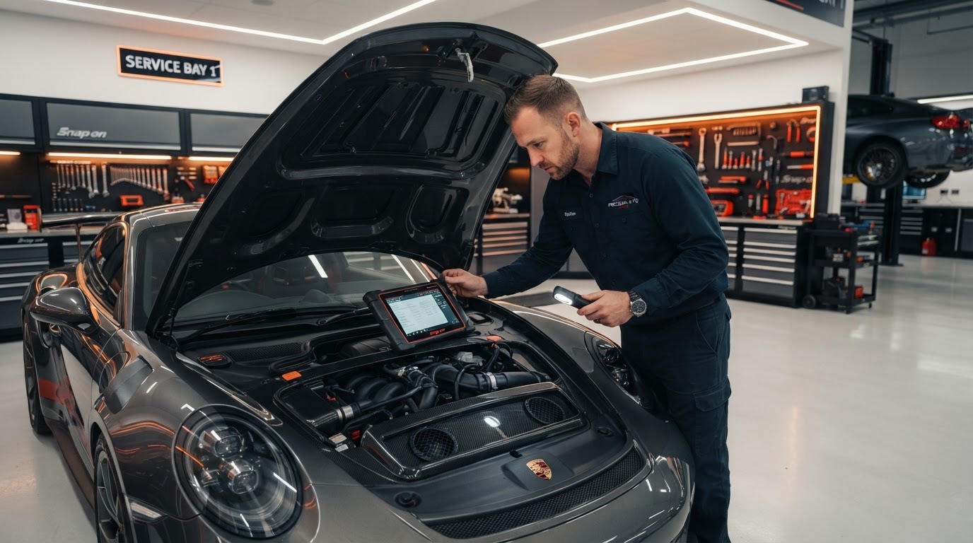 Mechaniker von KFZ-Service Stulla arbeitet an einem dunklen, sportlichen Fahrzeug in einer modernen Werkstatt in Castrop-Rauxel