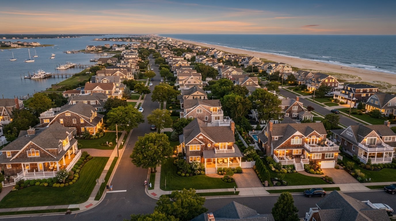 New Jersey shore neighborhood at golden hour