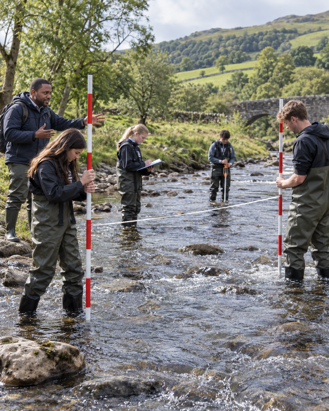 Geography fieldwork in action with students and tutor measuring river velocity and channel cross-section